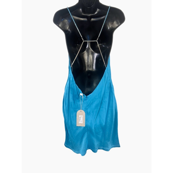 Meshki Dress Satin Cyan Blue “Sofie” Mini Rhinestone Strap Size Large NWT - Picture 10 of 11